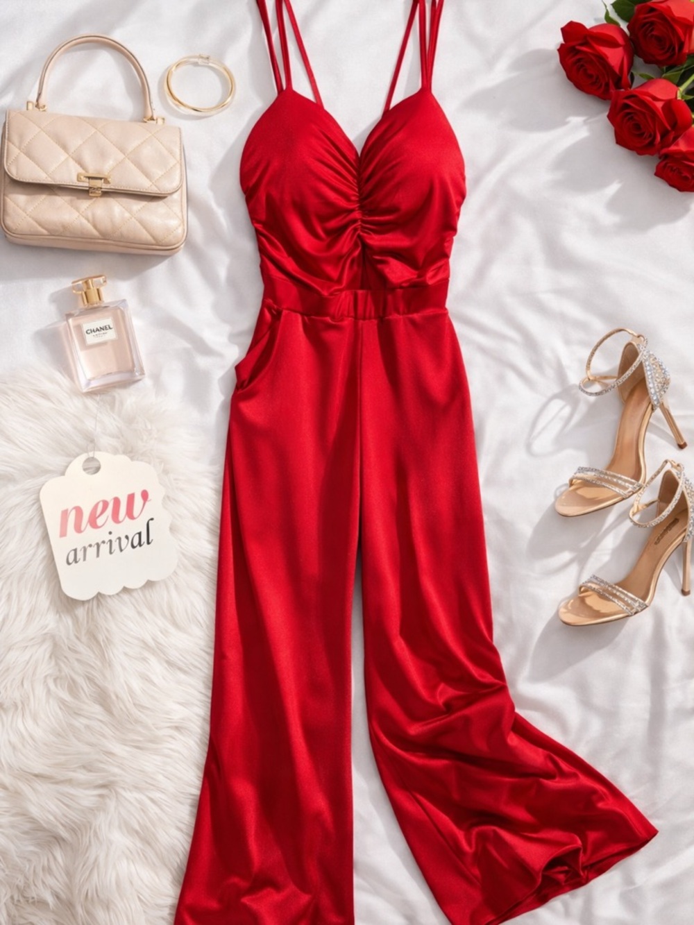 Red Satin Wide-Leg Jumpsuit with Double Spaghetti Straps